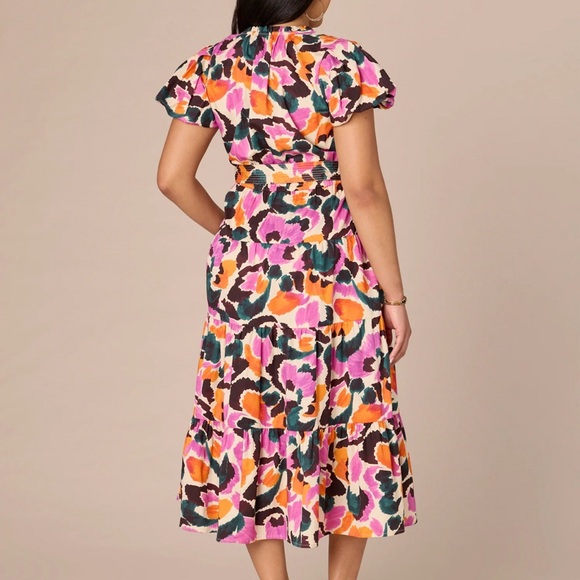 Short Puff Sleeve Half Placket Printed Woven Dress with Self Tie - Picture 3 of 3